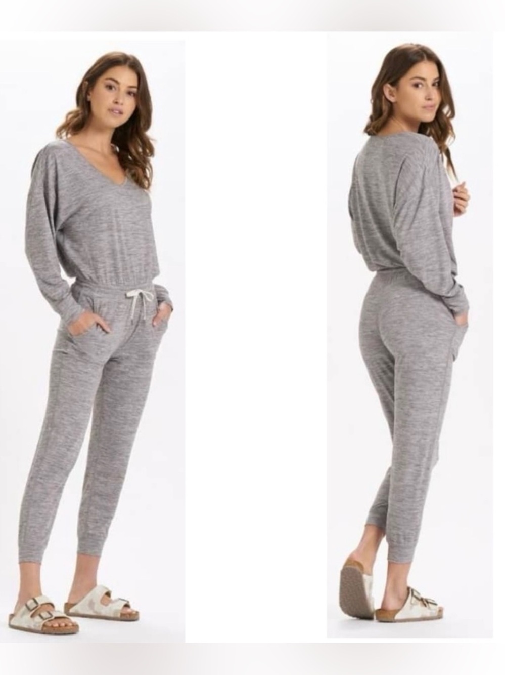 Vuori XL grey luxe Henley V neck loungewear casual comfort tie waist jumpsuit
